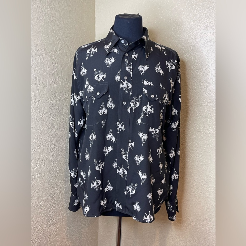 RE/DONE Black Bucking Horse  Print Long Sleeve  Pearl Snap Blouse SZ: Small